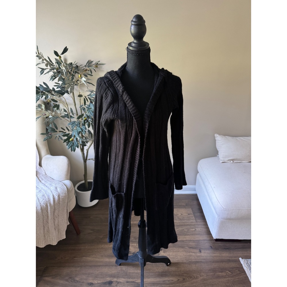 Faded Glory Black Ribbed Knit Hooded Cardigan Longline Open Front Sweater M 8-10